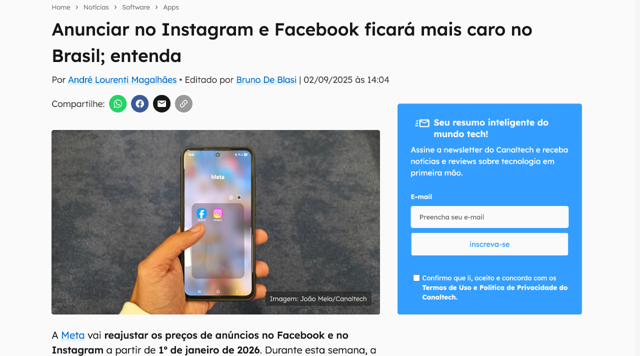 Prévia da matéria "Anunciar no Instagram e Facebook ficará mais caro no Brasil; entenda" publicada por Canaltech